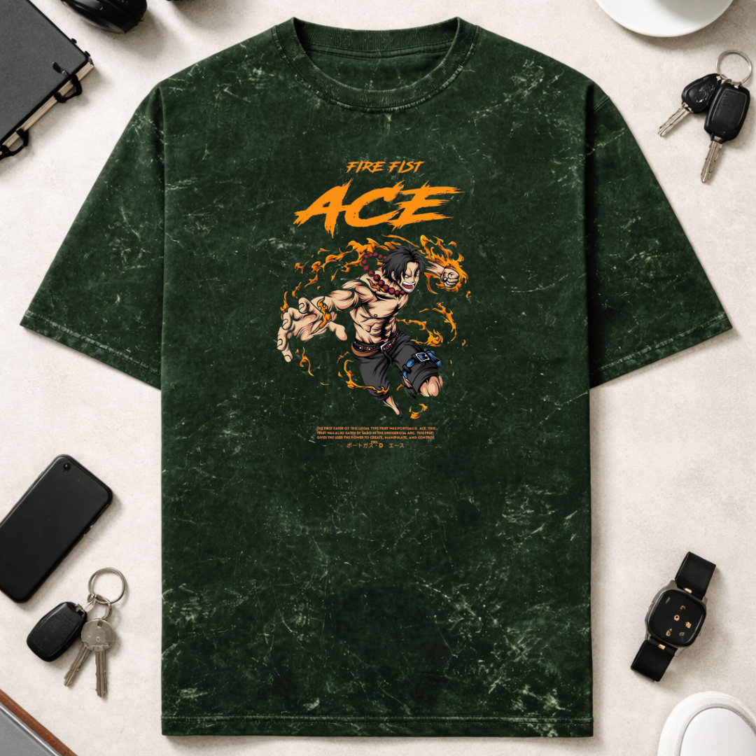 Animae Fire Fist Ace - Unisex Acid Washed Oversized Tee