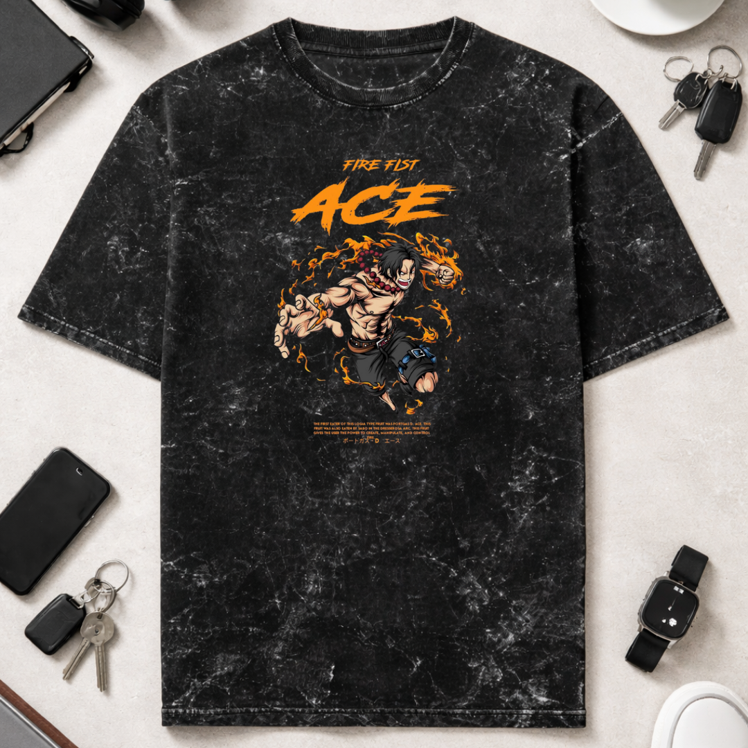 Animae Fire Fist Ace - Unisex Acid Washed Oversized Tee