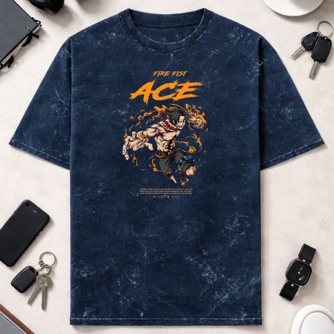 Animae Fire Fist Ace - Unisex Acid Washed Oversized Tee