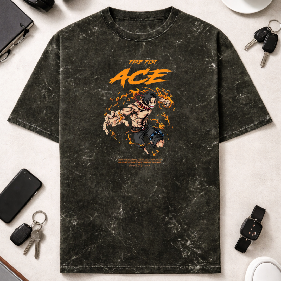 Animae Fire Fist Ace - Unisex Acid Washed Oversized Tee